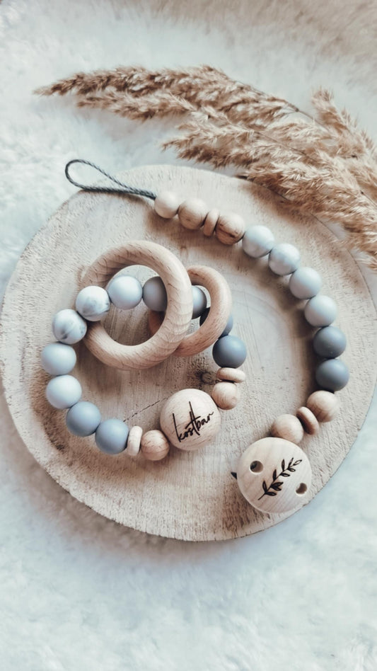 Baby Set -Ombre grau- Schnullerkette und oder Greifling