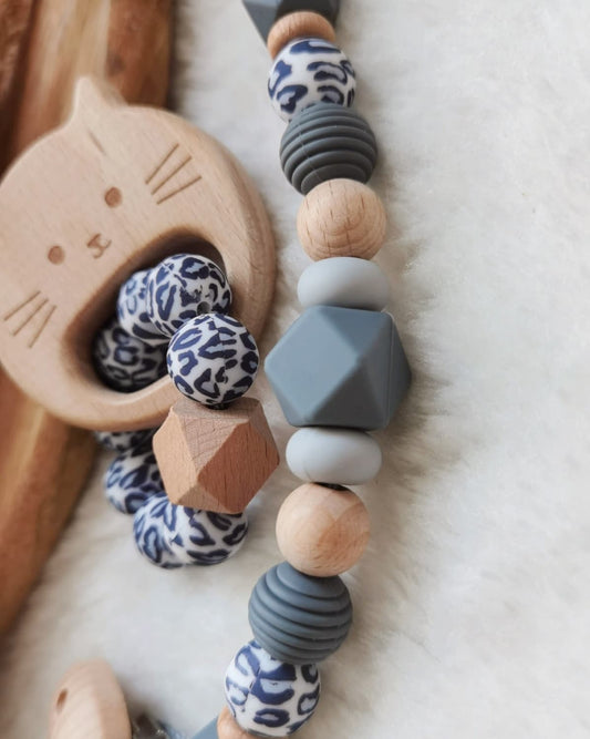 Baby Set -Leoprint grau- Schnullerkette und oder Greifling