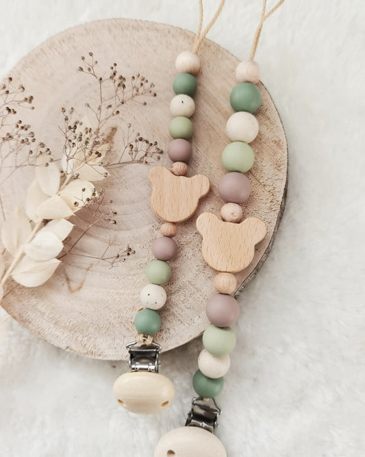 Schnullerkette , Schnullerkette Junge | grün taupe beige | Bär Teddy | Frühchen Neugeborene | leichter und kürzer