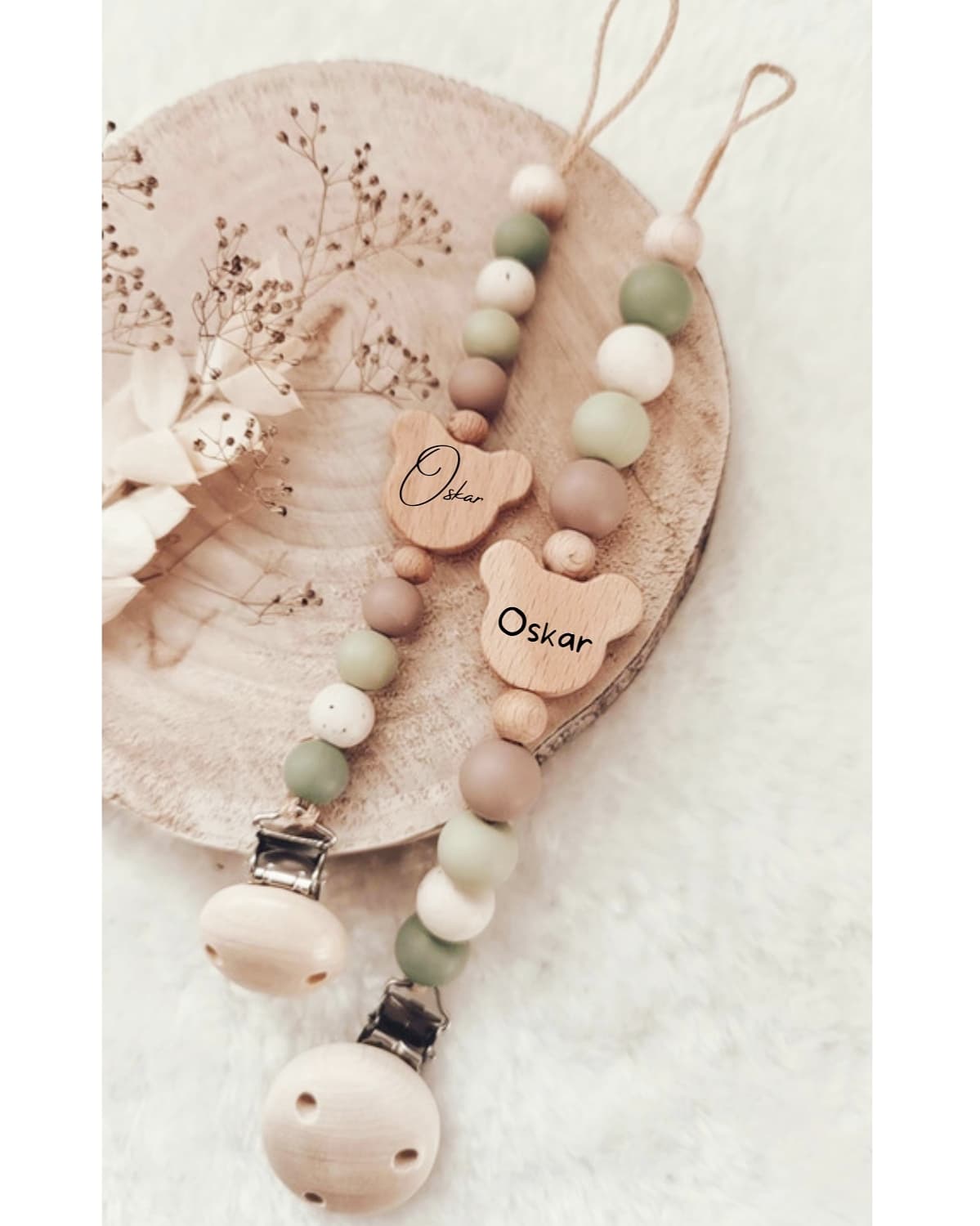 Schnullerkette , Schnullerkette Junge | grün taupe beige | Bär Teddy | Frühchen Neugeborene | leichter und kürzer