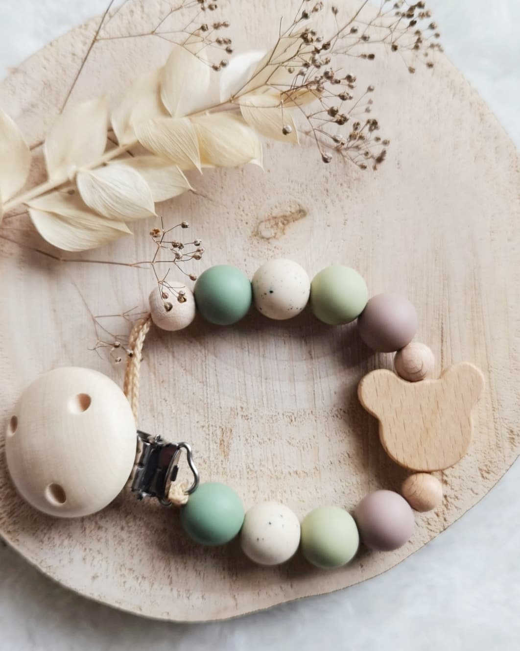 Schnullerkette , Schnullerkette Junge | grün taupe beige | Bär Teddy | Frühchen Neugeborene | leichter und kürzer