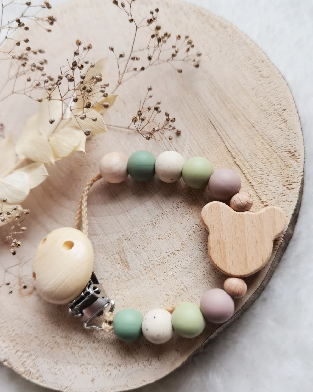 Schnullerkette , Schnullerkette Junge | grün taupe beige | Bär Teddy | Frühchen Neugeborene | leichter und kürzer