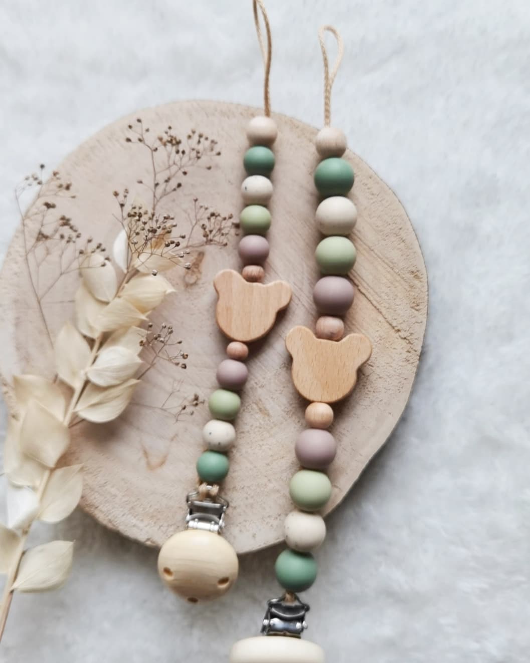 Schnullerkette , Schnullerkette Junge | grün taupe beige | Bär Teddy | Frühchen Neugeborene | leichter und kürzer
