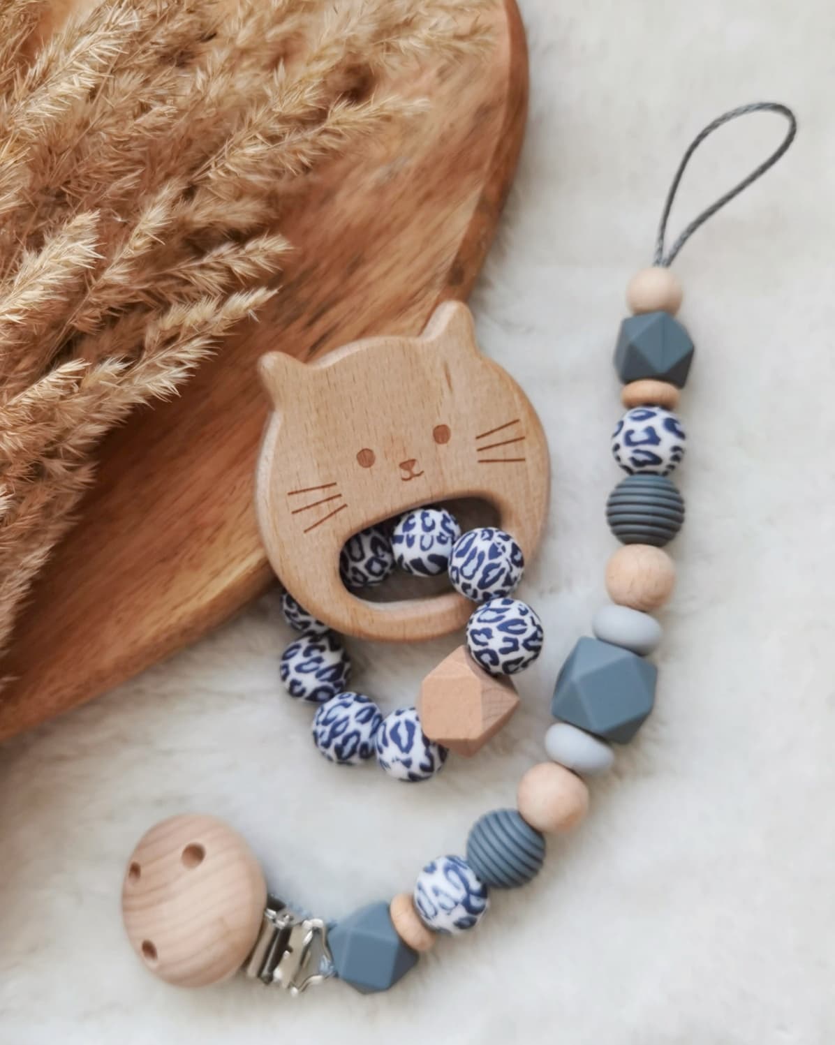 Baby Set -Leoprint grau- Schnullerkette und oder Greifling