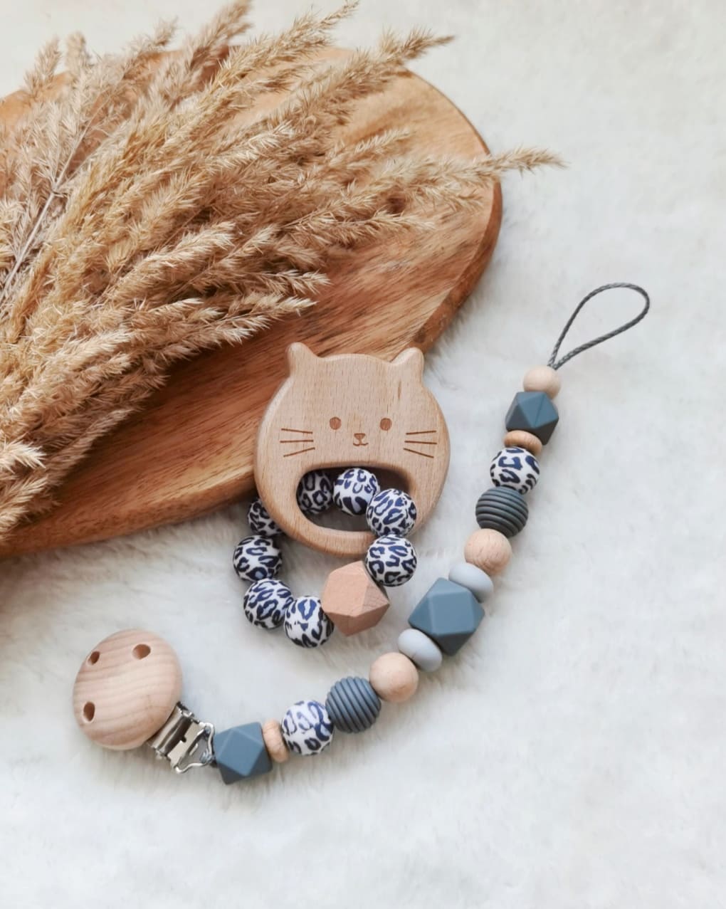 Baby Set -Leoprint grau- Schnullerkette und oder Greifling
