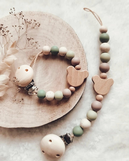 Schnullerkette , Schnullerkette Junge | grün taupe beige | Bär Teddy | Frühchen Neugeborene | leichter und kürzer