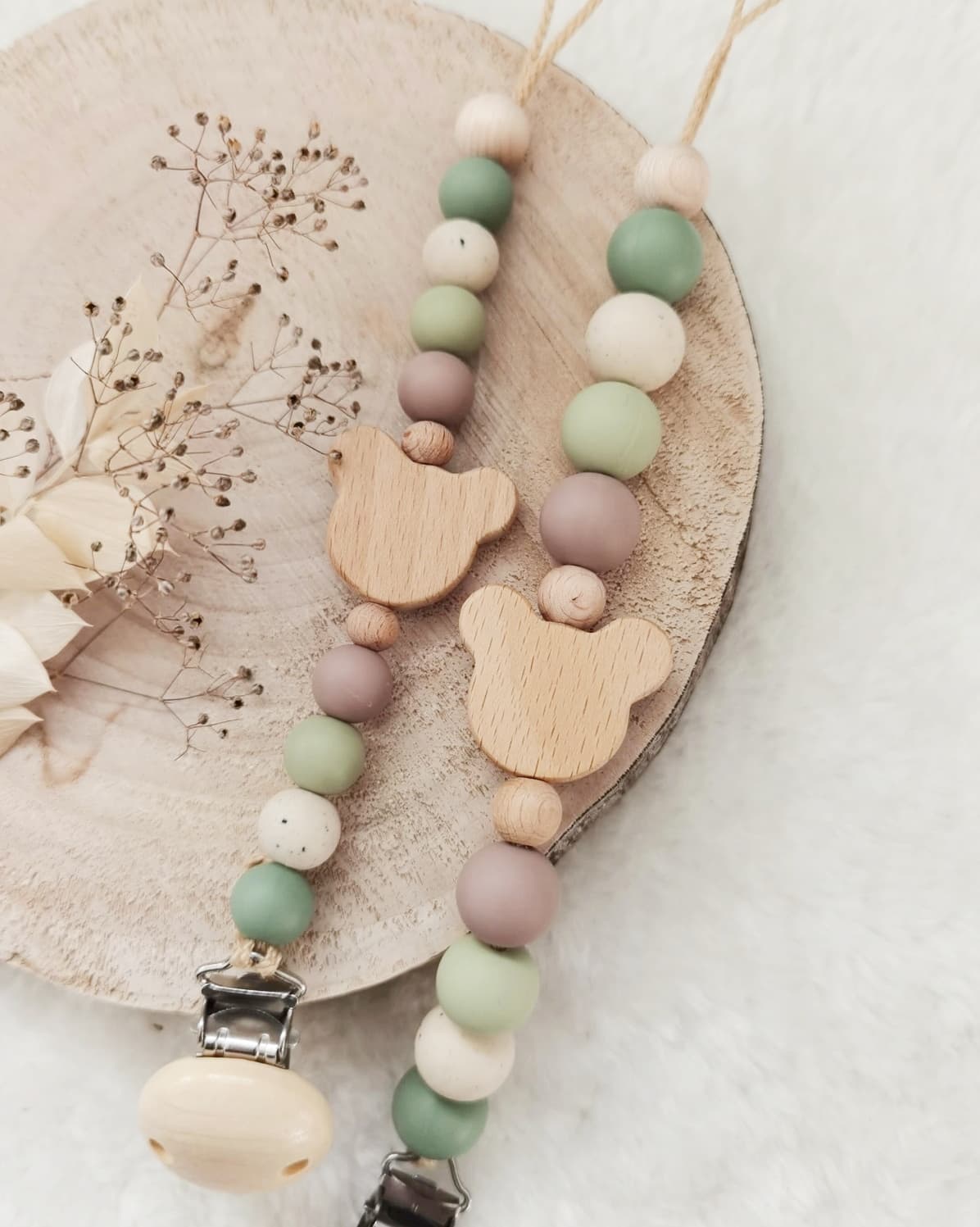 Schnullerkette , Schnullerkette Junge | grün taupe beige | Bär Teddy | Frühchen Neugeborene | leichter und kürzer