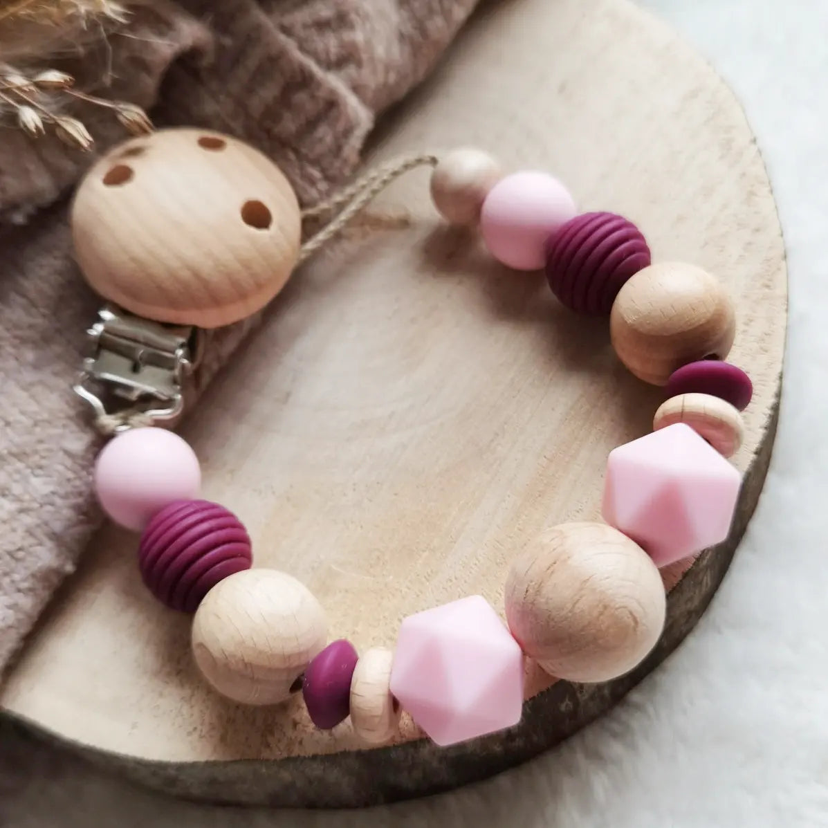 Schnullerkette "Rafael - Rosa/ Bordeaux"