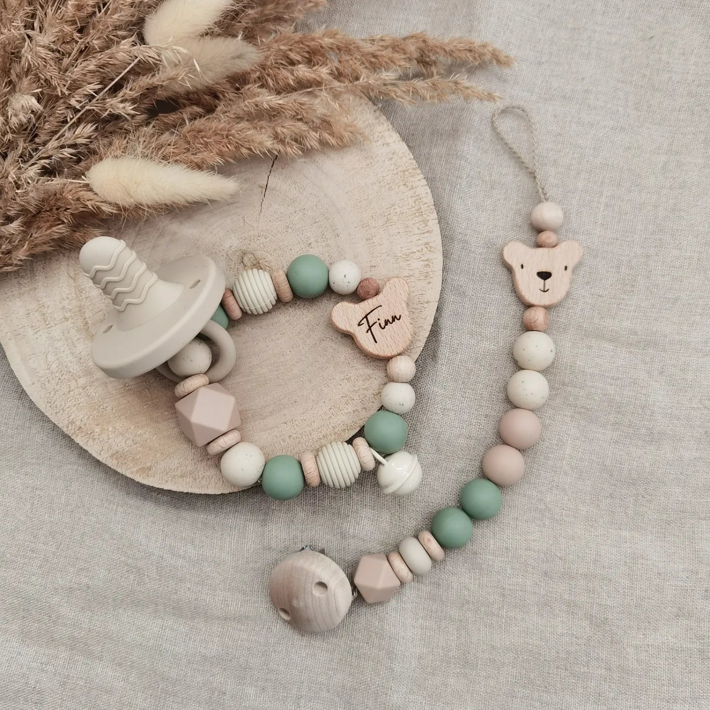 Baby Set "Finn" - Farbe Jade - Schnullerkette und oder Greifling